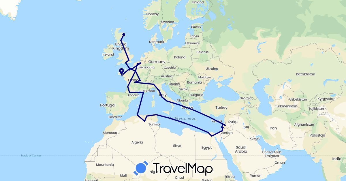 TravelMap itinerary: driving in Belgium, Algeria, Egypt, France, United Kingdom, Israel, Italy, Lebanon, Syria, Tunisia, Vatican City (Africa, Asia, Europe)